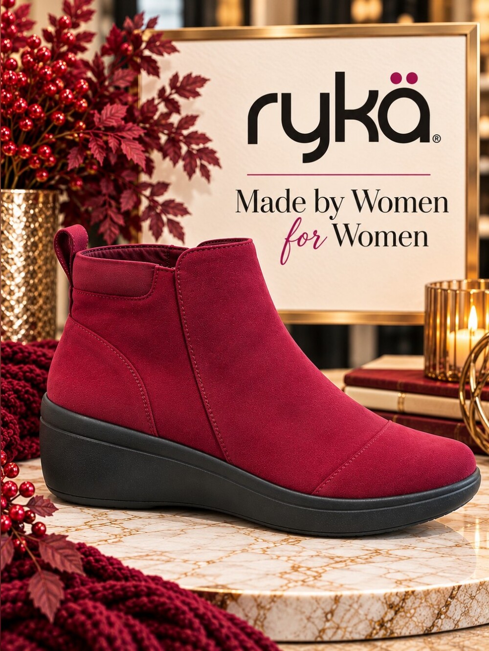Ryka Women's Lyrical Side Zip Ankle Boot Sz 12-Wine Burgandy